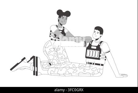 Military medical training and first aid assistance flat line illustration Stock Vector