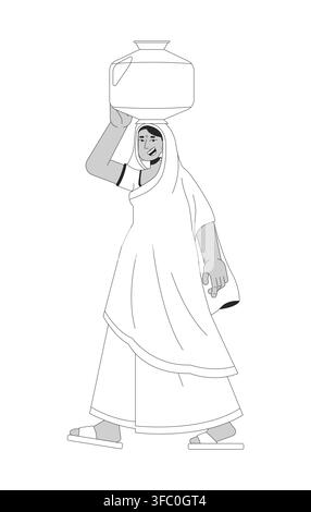 Rural Indian woman carrying clay water pot on head line art character Stock Vector