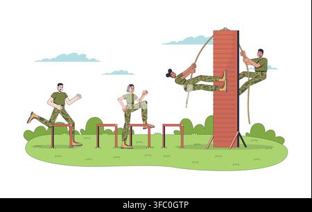 Military training camp obstacle course 2D vector illustration Stock Vector