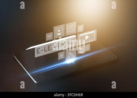 E learning tools displayed on a flat screen with icons representing digital education resources Stock Photo