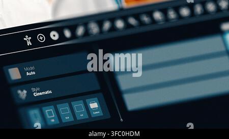Editing software interface shows tools and options for video editing, focusing on model settings and style selection in a workspace Stock Photo