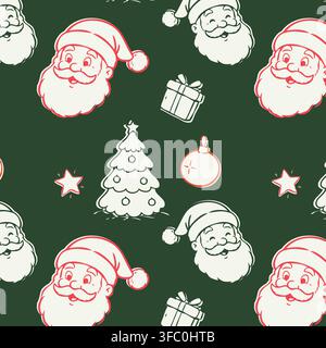 Seamless Christmas pattern with Santa Claus faces, decorated trees, gift boxes, stars and baubles in a retro hand drawn style on a dark green Stock Vector