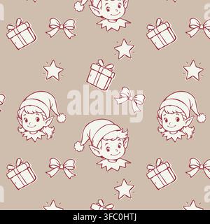 Seamless Christmas pattern with cute elf faces, wrapped gifts, bows and stars in a hand drawn retro style on a beige background. Stock Vector