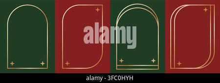 Golden geometric Christmas frames set in art deco style. Luxury gold borders for Christmas invitation with golden stars. Rectangle elegant xmas frames Stock Vector