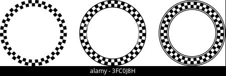 Checkered circle frames set. Circle frame with checkerboard geometric pattern. Round chess border with black and white square pattern. Round race Stock Vector