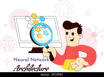 Neural Network Architecture Vector Illustration Featuring People Analyzing AI Models, Data Charts, And Machine Learning Brain Stock Vector
