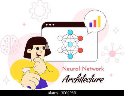 Neural Network Architecture Vector Illustration Featuring People Analyzing AI Models, Data Charts, And Machine Learning Brain Stock Vector