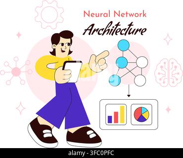 Neural Network Architecture Vector Illustration Featuring People Analyzing AI Models, Data Charts, And Machine Learning Brain Stock Vector