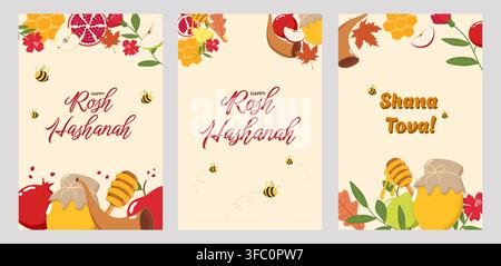 Set of three festive Rosh Hashanah greeting cards with honey, apples, pomegranates, bees, flowers, and shofar. Perfect holiday design Stock Vector