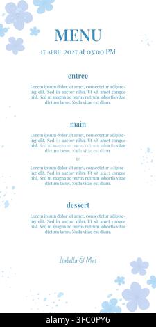 Elegant wedding menu card with blue floral border, refined typography Stock Vector