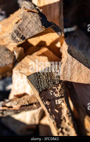 An extreme close-up capturing the rich, tactile surface and weathered texture of split dry firewood under intense natural sunlight. Stock Photo