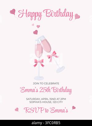 Birthday invitation card with two champagne glasses decorated with pink bows and heart balloons, announcing Emma s 25th birthday Stock Vector