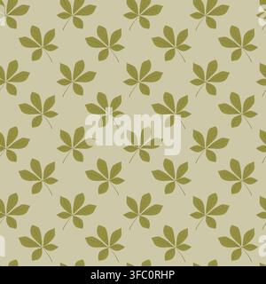 Seamless pattern of stylized green palmate leaves with five pointed leaflets, arranged on a light beige background Stock Vector