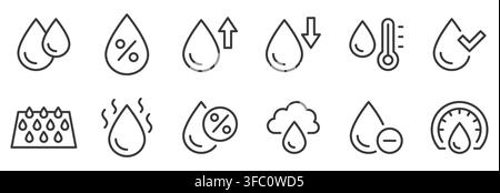 Humidity line icon set. Moisture level, dew point, condensation, evaporation, humid air and hydration linear minimal vector illustration. Simple Stock Vector