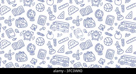 Back to School seamless pattern with line icon of backpack, globe, calculator, book, pencil, ruler, science, school bus linear doodle vector Stock Vector