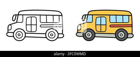 School bus line and color icon. Yellow student transport vehicle vector illustration. Cute outline and colored school transportation symbol isolated Stock Vector