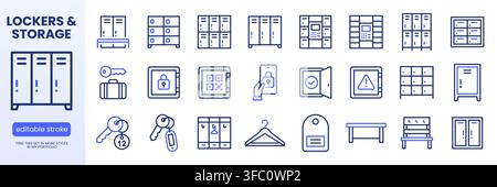 Locker room line icons set. Parcel delivery storage, automated postamat terminal, smart QR code lock, key flat minimal vector illustration. Simple Stock Vector