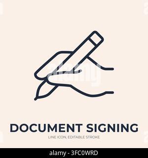 Document signing line icon. Handwritten approval linear vector illustration. Thin sign of fingers holding pen above paper for signature, contract Stock Vector