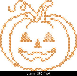 Cross stitch halloween pumpkin element. Spooky embroidery folk art clip art. Orange jack o'lantern motif for digital crafting and seasonal holiday gra Stock Vector