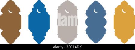 Vector Islamic window arch collection with Moroccan, Arabic, Turkish design. Mosque gate shapes, crescent, lanterns. Editable icons for social media, Stock Vector