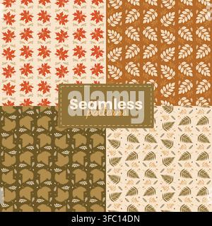 Seamless autumn patterns. Rowan, maple, birch, fern leaf. Beige, khaki, brown, gold, red autumn colors. Backgrounds hand drawn branches, leaves. Simpl Stock Vector