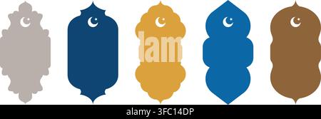 Vector Islamic window arch collection with Moroccan, Arabic, Turkish design. Mosque gate shapes, crescent, lanterns. Editable icons for social media, Stock Vector