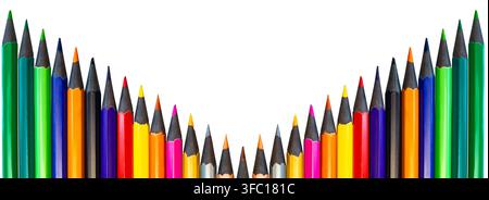 Pencils of various colors are arranged in a triangular pattern with sharp tips pointed upwards on a plain background. Stock Photo