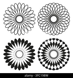 Flower mandala geometry vector set features black white rosette. It represents creative abstract ornament. Stock Vector