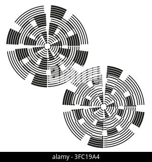 Circle labyrinth radial vector set features geometric segment pattern. It represents creative abstract maze. Stock Vector