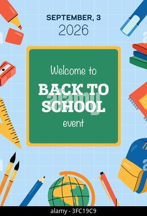 Back to school event banner with chalkboard and school supplies vector template Stock Vector