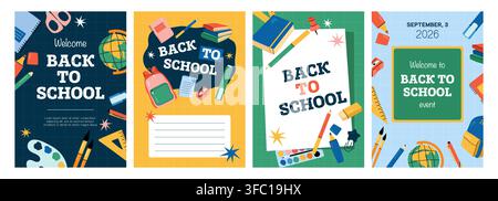 Back to school posters set with school supplies banner template vector illustration Stock Vector