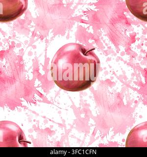A seamless pattern with red apples on a pink background. Suitable for food packaging, juices, baby products, printed materials, greeting cards, themed Stock Photo