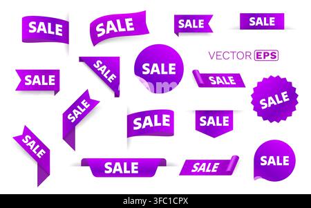 Set of vivid purple SALE tags and labels, perfect for promotions, discounts, marketing, and advertising. Vector illustration. Stock Vector