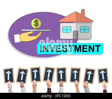 Hands holding writing slates with arrows pointing on investment concept Stock Photo
