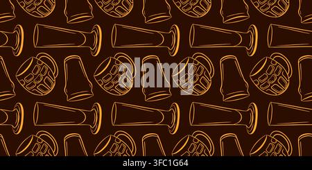 Seamless beer glass pattern with pint and tasting glass in line art style, golden outline on brown background, pub beverage design for textile Stock Vector