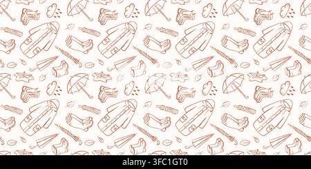 Seamless pattern with umbrella raindrop coat and rubber boot in line art style. Autumn rain weather concept. illustration for background fabric Stock Vector