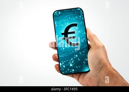 Hand holding smartphone with Euro currency symbol on screen Stock Photo