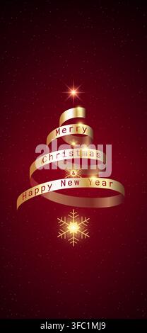 Merry Christmas, Happy New Year. Shiny golden christmas tree, snowflakes. New Year design for mobile phone wallpaper, greeting card, invitation Stock Vector