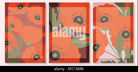 Set of three decorative poppy flower posters in a retro flat vector style with bold floral compositions. Stock Vector