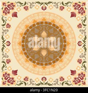 square decorative pattern design artwork features complex circular mandala elegant floral motifs Warm earthy tones brown orange beige dark red dominat Stock Vector