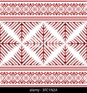 Red and White Slavic Ethnic Pixel Seamless Pattern Traditional Geometric Embroidery Background Stock Vector