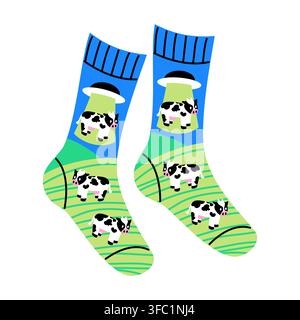 Funny UFO Abducting Cow Socks Vector Illustration Stock Vector