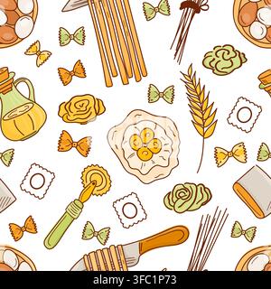 Italian pasta seamless pattern with spaghetti, farfalle, ravioli, olive oil, wheat, eggs, pasta dough. Stock Vector