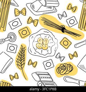 Italian pasta seamless pattern with spaghetti, ravioli, farfalle, pasta machine, wheat and pasta making tools.  Stock Vector