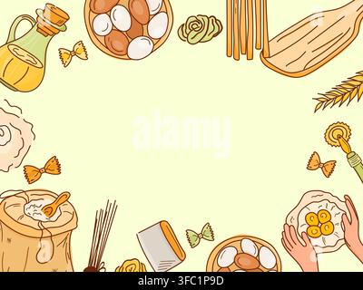 Homemade pasta rectangular frame with eggs, olive oil, flour bag, spaghetti, farfalle, wheat, pasta dough. Stock Vector