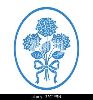 Hydrangea bouquet blue oval emblem vector icon, floral blossom tied with bow ribbon element in frame. Vector hand drawn illustration Stock Vector