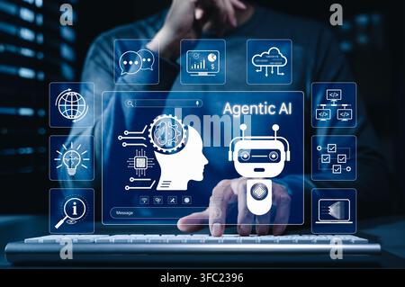 Agentic AI Technology for Intelligent Digital Automation Systems. Man using laptop with robot, brain, agentic AI icons, advanced artificial intelligen Stock Photo