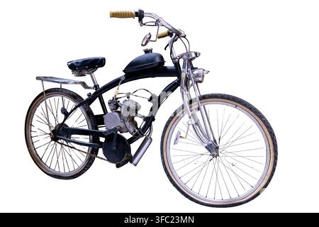 A vintage-style gas-powered motorized bicycle equipped with an auxiliary engine kit, isolated on a white background Stock Photo