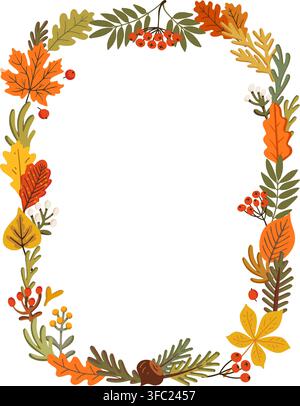 Autumn rounded frame with rowan berries and oak maple border wrapping around open copy space center. Vector leaf garland in warm orange tones suits Stock Vector