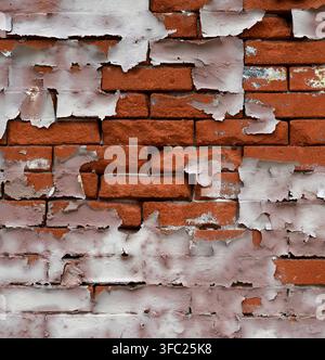Distressed white painted red clay brick wall surface with tattered cracked peeling paint and weather-beaten bricks Stock Photo